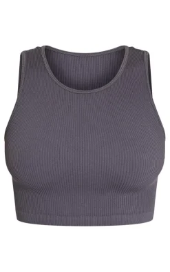 Discount PrettyLittleThing Charcoal Structured Snatched Rib Sleeveless Crop Top Charcoal Grey