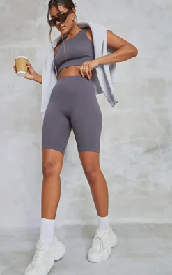 Outlet PrettyLittleThing Charcoal Structured Snatched Rib Bike Shorts Charcoal Grey