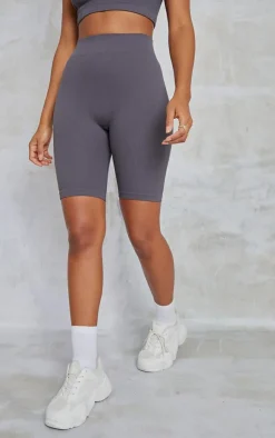 Outlet PrettyLittleThing Charcoal Structured Snatched Rib Bike Shorts Charcoal Grey