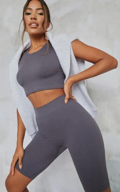 Outlet PrettyLittleThing Charcoal Structured Snatched Rib Bike Shorts Charcoal Grey