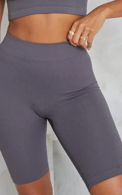 Outlet PrettyLittleThing Charcoal Structured Snatched Rib Bike Shorts Charcoal Grey