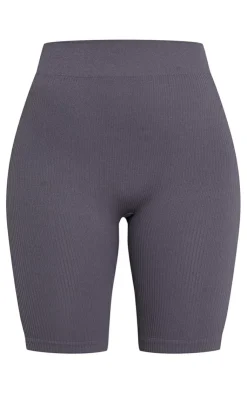 Outlet PrettyLittleThing Charcoal Structured Snatched Rib Bike Shorts Charcoal Grey