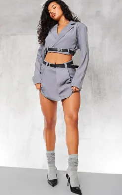 New PrettyLittleThing Tailored Belted Pleated Mid Rise Micro Mini Skirt Charcoal