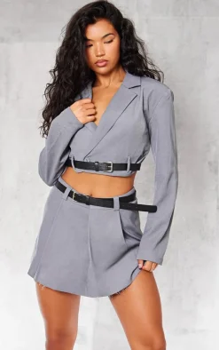 New PrettyLittleThing Tailored Belted Pleated Mid Rise Micro Mini Skirt Charcoal