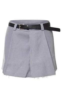New PrettyLittleThing Tailored Belted Pleated Mid Rise Micro Mini Skirt Charcoal