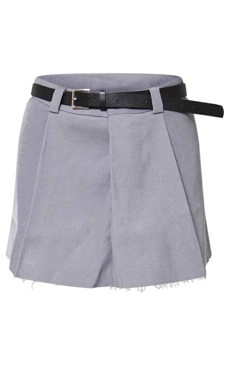 New PrettyLittleThing Tailored Belted Pleated Mid Rise Micro Mini Skirt Charcoal