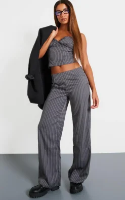 Discount PrettyLittleThing Tailored Pinstripe Low Rise Straight Leg Pants Charcoal