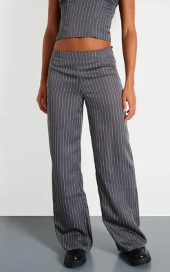 Discount PrettyLittleThing Tailored Pinstripe Low Rise Straight Leg Pants Charcoal