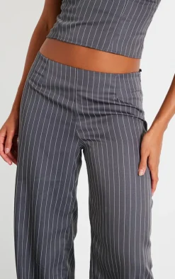 Discount PrettyLittleThing Tailored Pinstripe Low Rise Straight Leg Pants Charcoal
