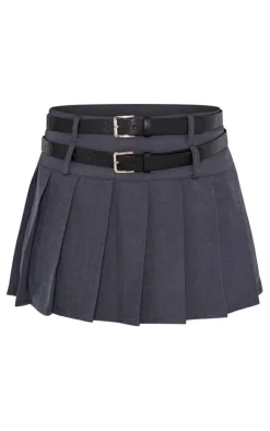 Hot PrettyLittleThing Tailored Woven Double Belt Micro Mini Skater Skirt Charcoal