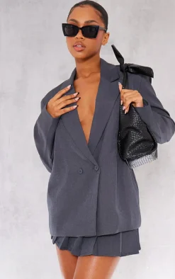 Online PrettyLittleThing Tailored Woven Oversized Blazer Charcoal