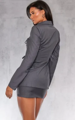 Sale PrettyLittleThing Tailored Woven Tie Front Longline Blazer Charcoal
