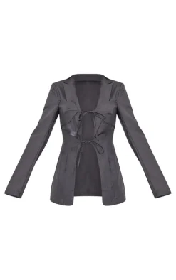 Sale PrettyLittleThing Tailored Woven Tie Front Longline Blazer Charcoal
