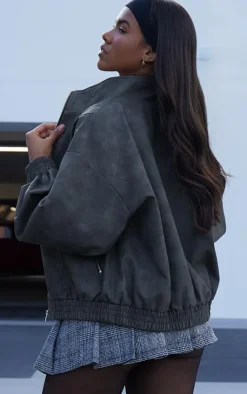 PrettyLittleThing Bomber Jackets*Textured Faux Leather High Neck Bomer Jacket