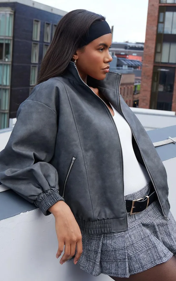 PrettyLittleThing Bomber Jackets*Textured Faux Leather High Neck Bomer Jacket