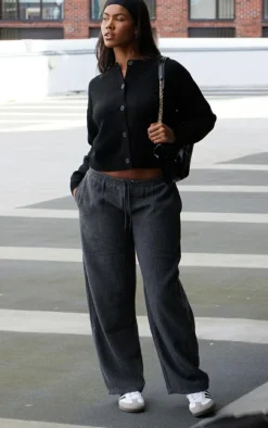 Charcoal Textured Low Rise Drawstring Straight Leg Pants