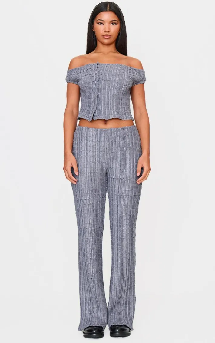 Charcoal Textured Mid Rise Skinny Flare Pants