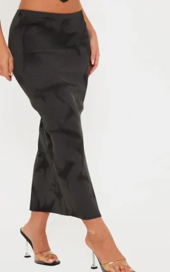 Outlet PrettyLittleThing Tie Dye Rib Knit Side Split Maxi Skirt Charcoal