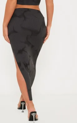 Outlet PrettyLittleThing Tie Dye Rib Knit Side Split Maxi Skirt Charcoal