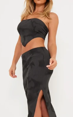 Outlet PrettyLittleThing Tie Dye Rib Knit Side Split Maxi Skirt Charcoal