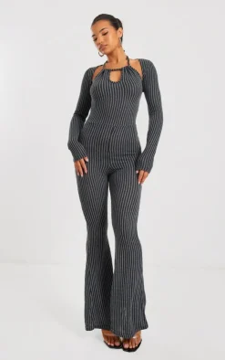 Charcoal Two Tone Halterneck Detail Flare Leg Jumpsuit
