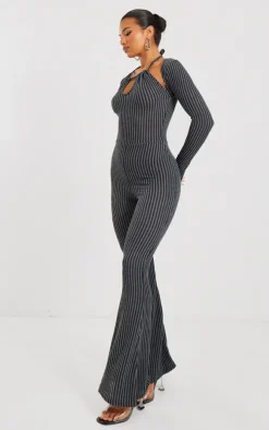 Charcoal Two Tone Halterneck Detail Flare Leg Jumpsuit