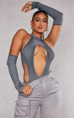 PrettyLittleThing Knitted Tops*Two Tone Knit Cut Out Bodysuit With Sleeves