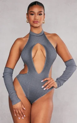 PrettyLittleThing Knitted Tops*Two Tone Knit Cut Out Bodysuit With Sleeves