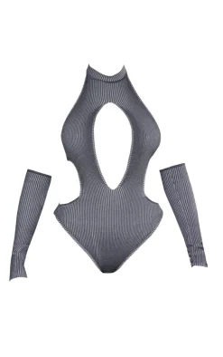 PrettyLittleThing Knitted Tops*Two Tone Knit Cut Out Bodysuit With Sleeves