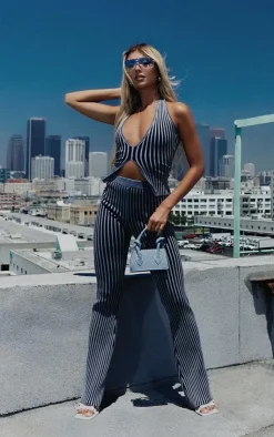 Sale PrettyLittleThing Two Tone Knit Halter Neck Split Top Charcoal