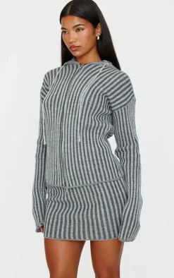 Hot PrettyLittleThing Two Tone Knitted Zip Up Cardigan Charcoal
