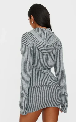Hot PrettyLittleThing Two Tone Knitted Zip Up Cardigan Charcoal