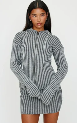 Hot PrettyLittleThing Two Tone Knitted Zip Up Cardigan Charcoal