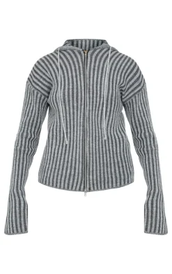 Hot PrettyLittleThing Two Tone Knitted Zip Up Cardigan Charcoal
