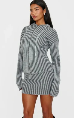 PrettyLittleThing Two Tone Knitted Mini Skirt Charcoal