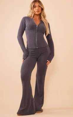 New PrettyLittleThing Two Tone Rib High Waist Flares Charcoal
