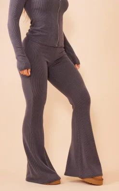 New PrettyLittleThing Two Tone Rib High Waist Flares Charcoal