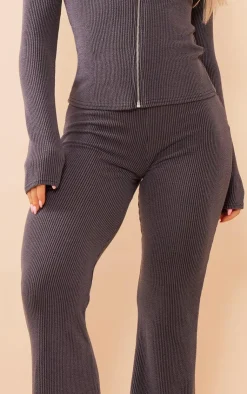 New PrettyLittleThing Two Tone Rib High Waist Flares Charcoal
