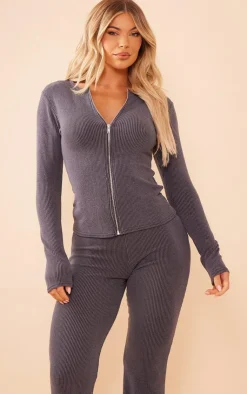 Outlet PrettyLittleThing Two Tone Rib Longline Zip Up Top Charcoal