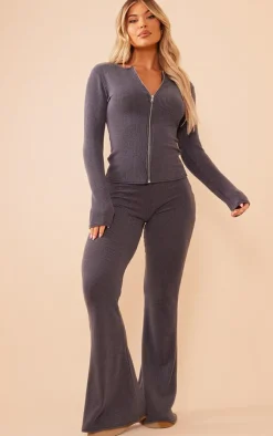 Outlet PrettyLittleThing Two Tone Rib Longline Zip Up Top Charcoal