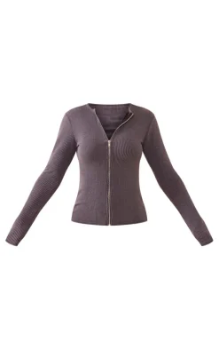 Outlet PrettyLittleThing Two Tone Rib Longline Zip Up Top Charcoal