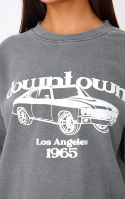 Charcoal Washed Downtown Car Printed Sweatshirt