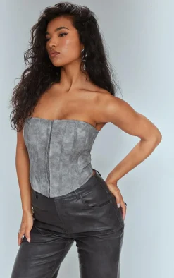 PrettyLittleThing Corsets*Washed Faux Leather Hook And Eye Structured Corset