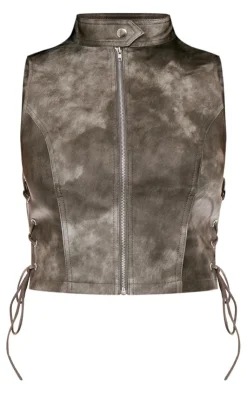 Discount PrettyLittleThing Washed Faux Leather High Neck Sleeveless Lace Side Top Charcoal
