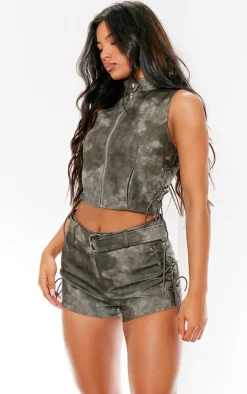 Sale PrettyLittleThing Washed Faux Leather Belt Detail Low Rise Hot Pants Charcoal