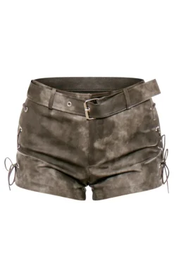 Sale PrettyLittleThing Washed Faux Leather Belt Detail Low Rise Hot Pants Charcoal