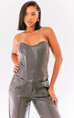 New PrettyLittleThing Washed Faux Leather Boned Seam Detail Bandeau Corset Charcoal