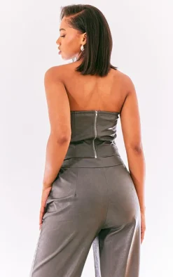 New PrettyLittleThing Washed Faux Leather Boned Seam Detail Bandeau Corset Charcoal