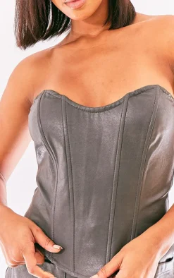 New PrettyLittleThing Washed Faux Leather Boned Seam Detail Bandeau Corset Charcoal