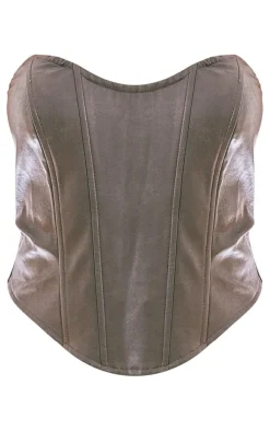 New PrettyLittleThing Washed Faux Leather Boned Seam Detail Bandeau Corset Charcoal